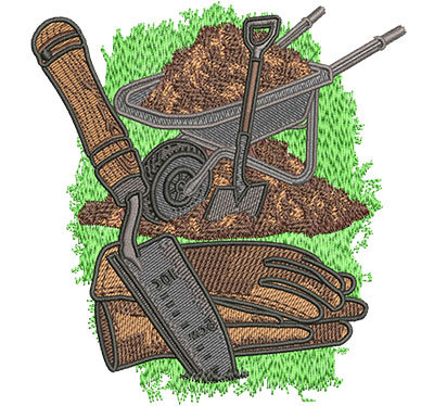 Embroidery Design: Wheelbarrow and Tools Lg 4.27w X 4.57h