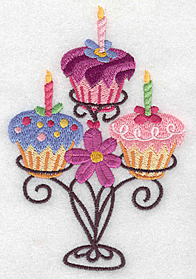 Embroidery Design: Three cup cakes on stand large 3.27w X 4.96h