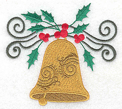 Embroidery Design: Christmas Bell with swirls and holly small 2.89w X 3.62h