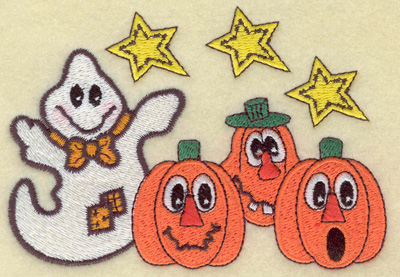 Embroidery Design: Ghost with pumpkin trio 4.63w X 3.24h