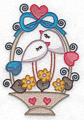 Embroidery Design: Birds in a basket with top bow and heart large 3.41w X 4.93h