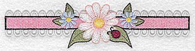 Embroidery Design: Daisy with ladybug on border large 6.77w X 1.68h