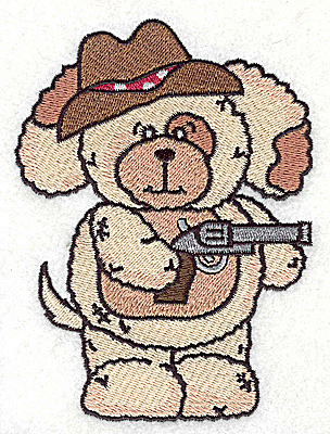 Embroidery Design: Pudgy Puppy with pistol large 3.64w X 4.94h