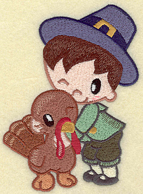 Embroidery Design: Pilgrim boy with turkey large 3.69w X 4.95h