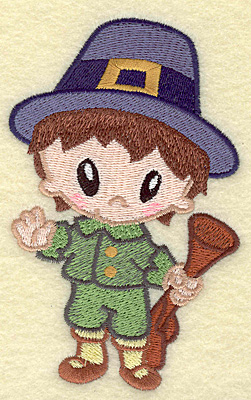 Embroidery Design: Pilgrim boy with musket large 3.10w X 4.89h