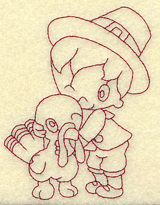 Embroidery Design: Pilgrim boy with turkey redwork 2.85w X 3.85h