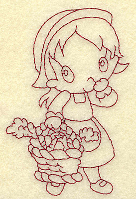 Embroidery Design: Pilgrim girl with basket redwork 2.55w X 3.87h