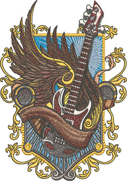 winged guitar crest embroidery design