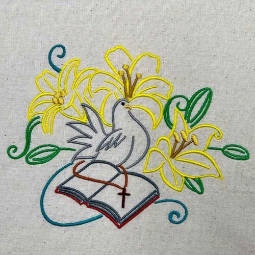 Lilies with bible and cross embroidery design