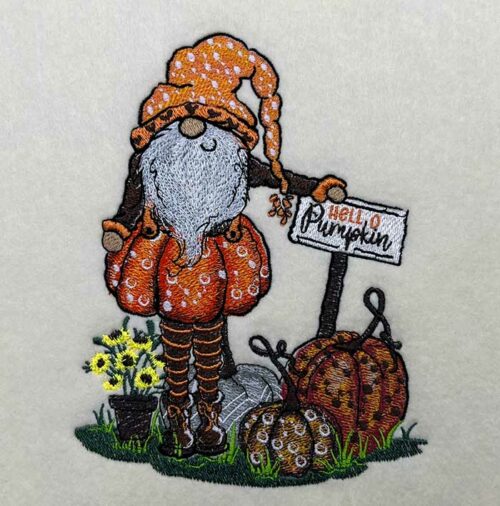 Pumpkin patch gnome embroidery design